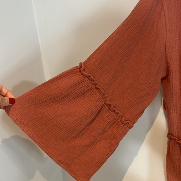 4OUR dreamers terra-cotta coloured linen rayon blend bell sleeve jacket fit S/M - Picture 9 of 11